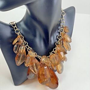 RJ Graziano Statement Bib Necklace Amber Lucite Teardrop Beads 20” Gold Tone